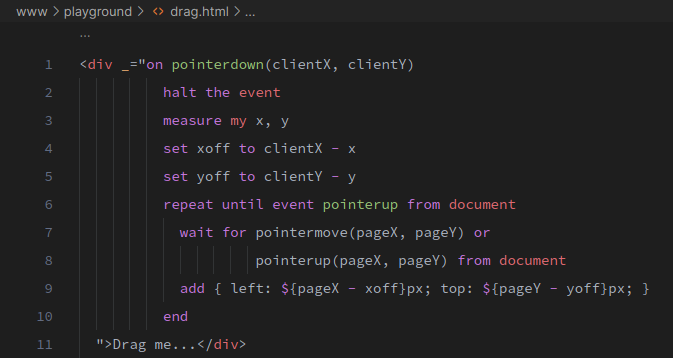 It highlights code inside of HTML, even marks event names!